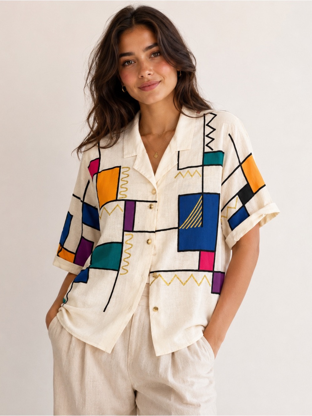 Ann Gerlin 100% Linen Abstract Geometric Button Front Top Size 10
